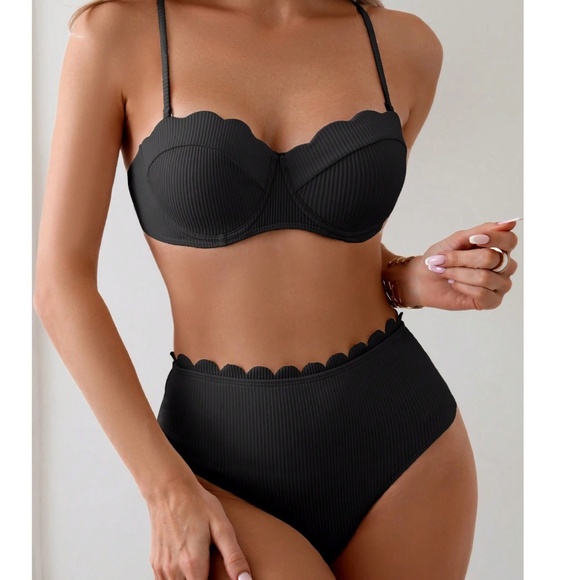 Solid Ribbed Scallop Detail High Waisted Bikini Swimsuit - Picture 4 of 8